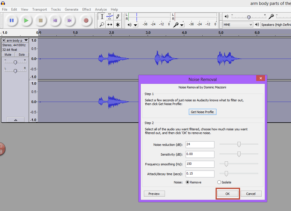 Audacity - noise removal step