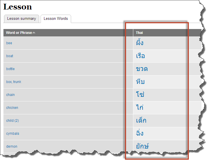 Lesson words with Thai script column