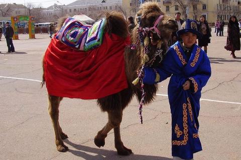 A boy and a camel. The Thai for "a boy and a camel" is "เด็กผู้ชายและอูฐ".