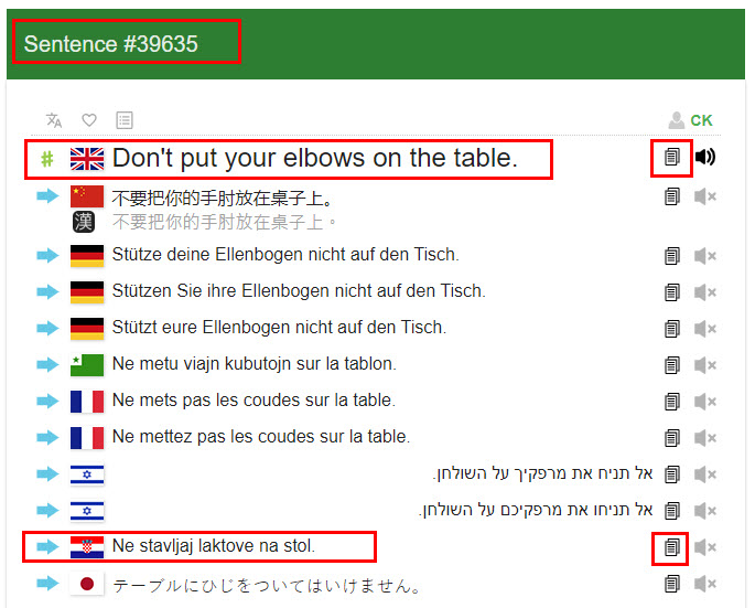 "Don't put your elbows on the table" from Tatoeba
