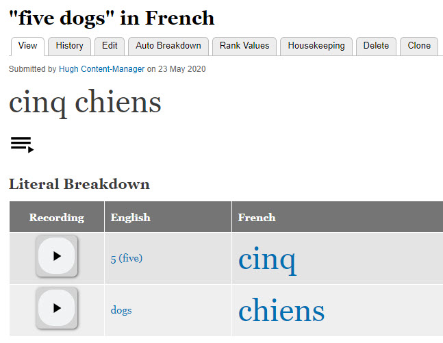 Phrase with literal breakdown