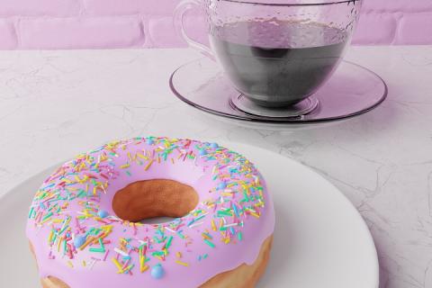 A cup of coffee and a doughnut. The Thai for "a cup of coffee and a doughnut" is "กาแฟและโดนัท". A cup of coffee and a doughnut. The Thai for "a cup of coffee and a doughnut" is "กาแฟและโดนัท".