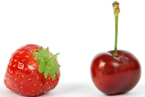 A cherry and a strawberry. The Thai for "a cherry and a strawberry" is "เชอร์รี่และสตรอเบอรี่". A cherry and a strawberry. The Thai for "a cherry and a strawberry" is "เชอร์รี่และสตรอเบอรี่".