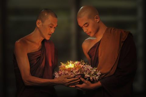Two monks. The Thai for "two monks" is "พระสองรูป". Two monks. The Thai for "two monks" is "พระสองรูป".
