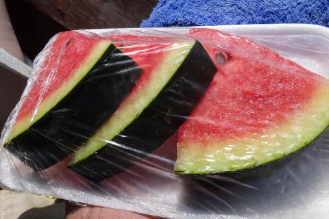 Three slices of watermelon. The Thai for "three slices of watermelon" is "แตงโมหั่นสามชิ้น". Three slices of watermelon. The Thai for "three slices of watermelon" is "แตงโมหั่นสามชิ้น".